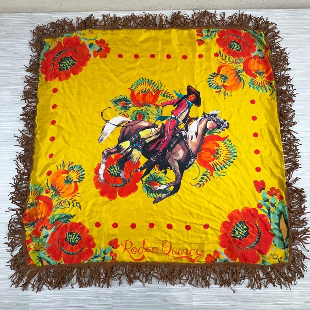 Rodeo Quincy Large Silk Western Cowboy Cowgirl Scarf With Fringe 38x39